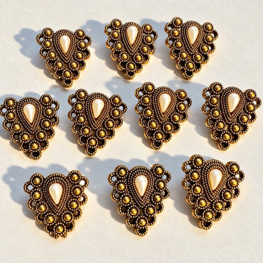 10 Vintage Victorian Revival Style Buttons Bright Gold Tone Faux Pearl 1” Ornate